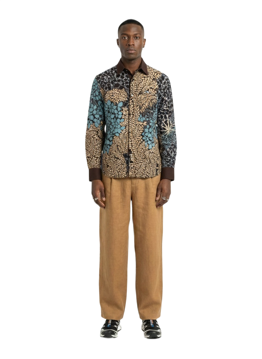 Cuff Collared Botanical Wildroot Aqua Blue & Brown Design Ankara Shirt