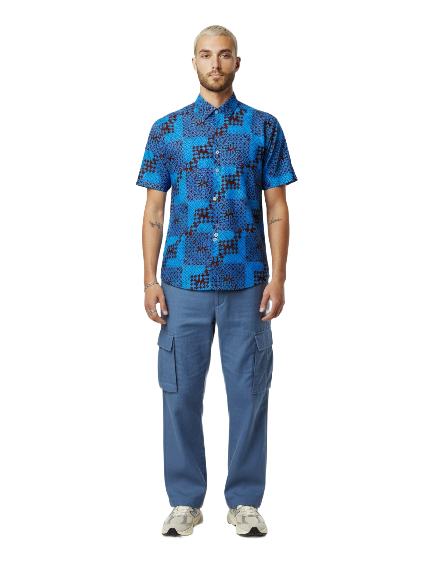 Sankofa Blue & Burgundy Ankara Wax Print Short Sleeve Shirt