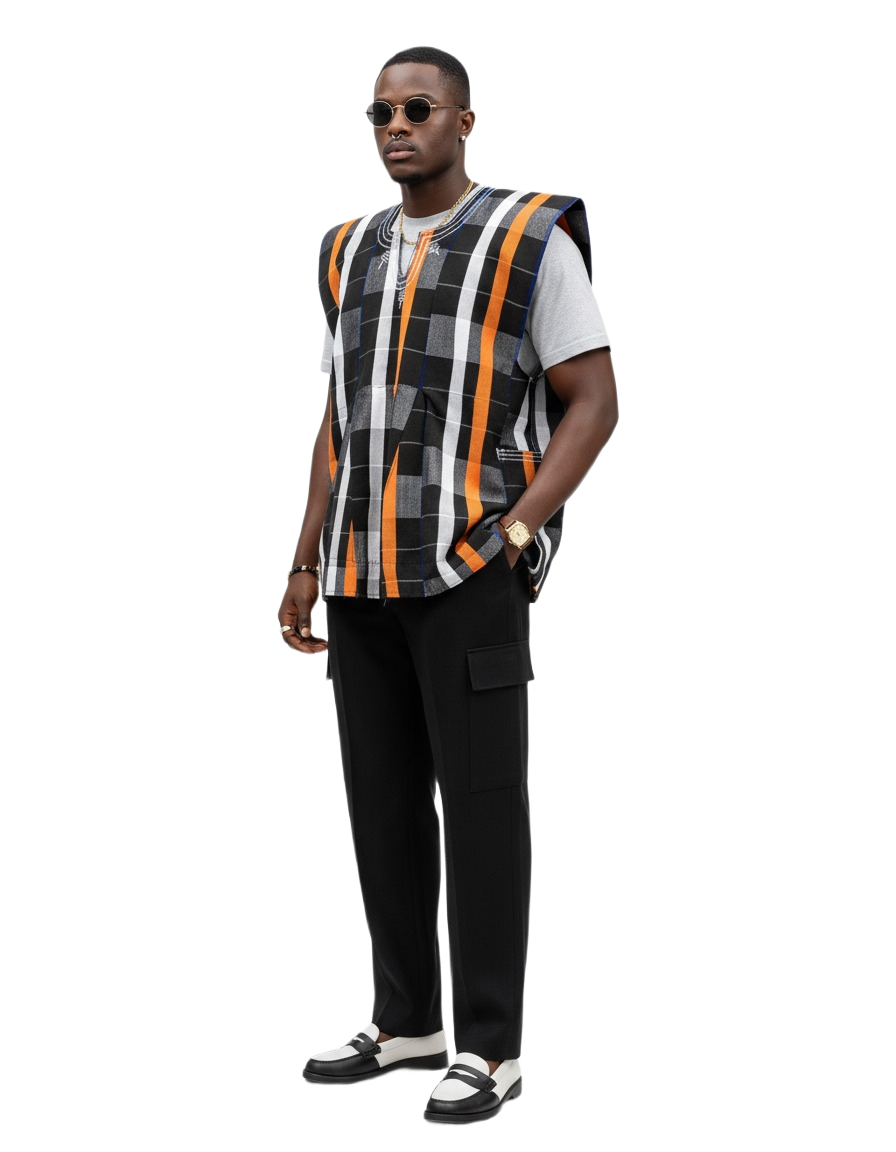 Handwoven Charcoal, White & Orange Striped Batakari Fugu