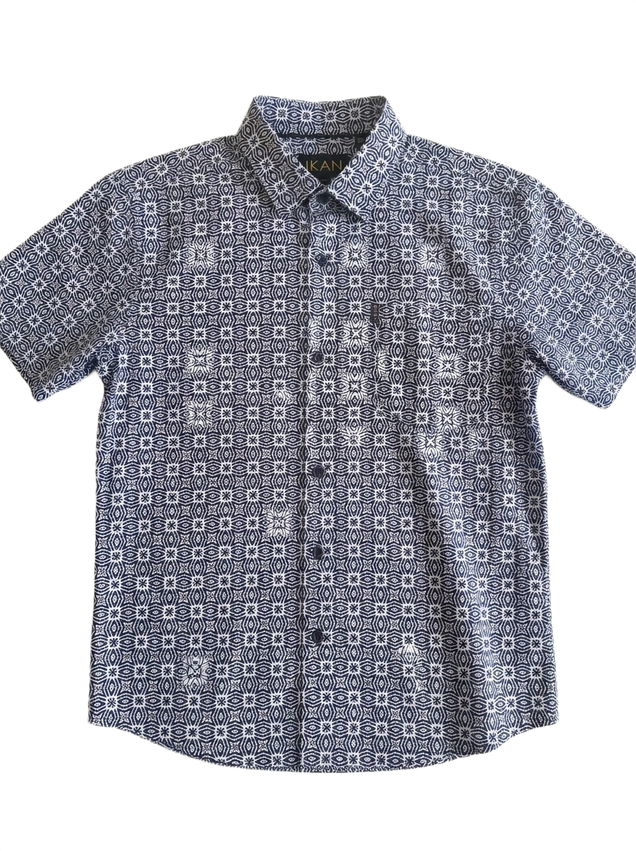 Navy & Lilac Tribal Pattern Ankara Print Short Sleeve Shirt