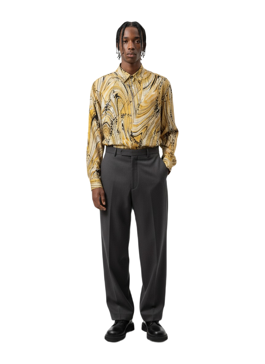 Marble Print Golden Caramel & Spotted Black Silk Long Sleeve Smart Shirt