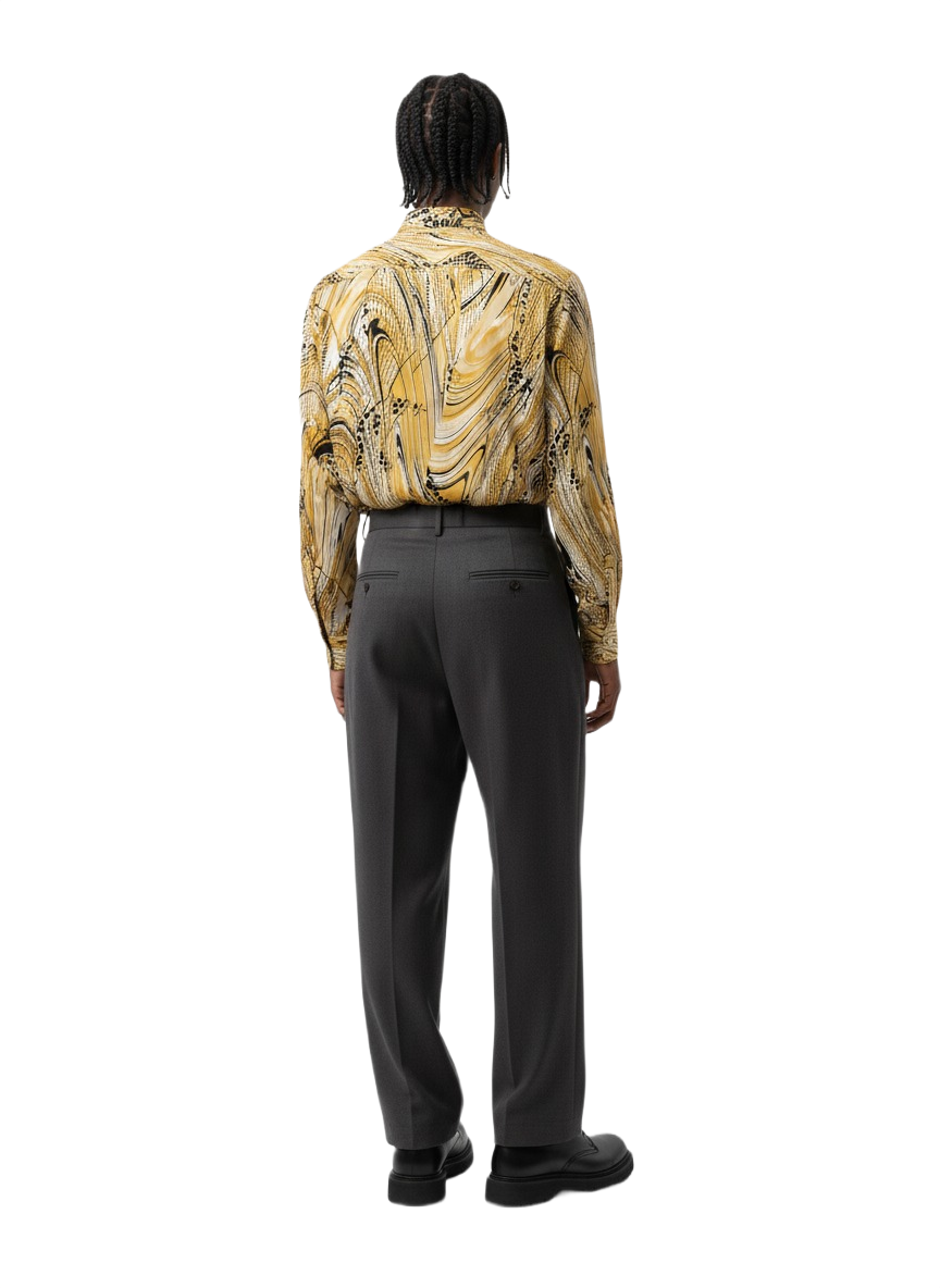 Marble Print Golden Caramel & Spotted Black Silk Long Sleeve Smart Shirt