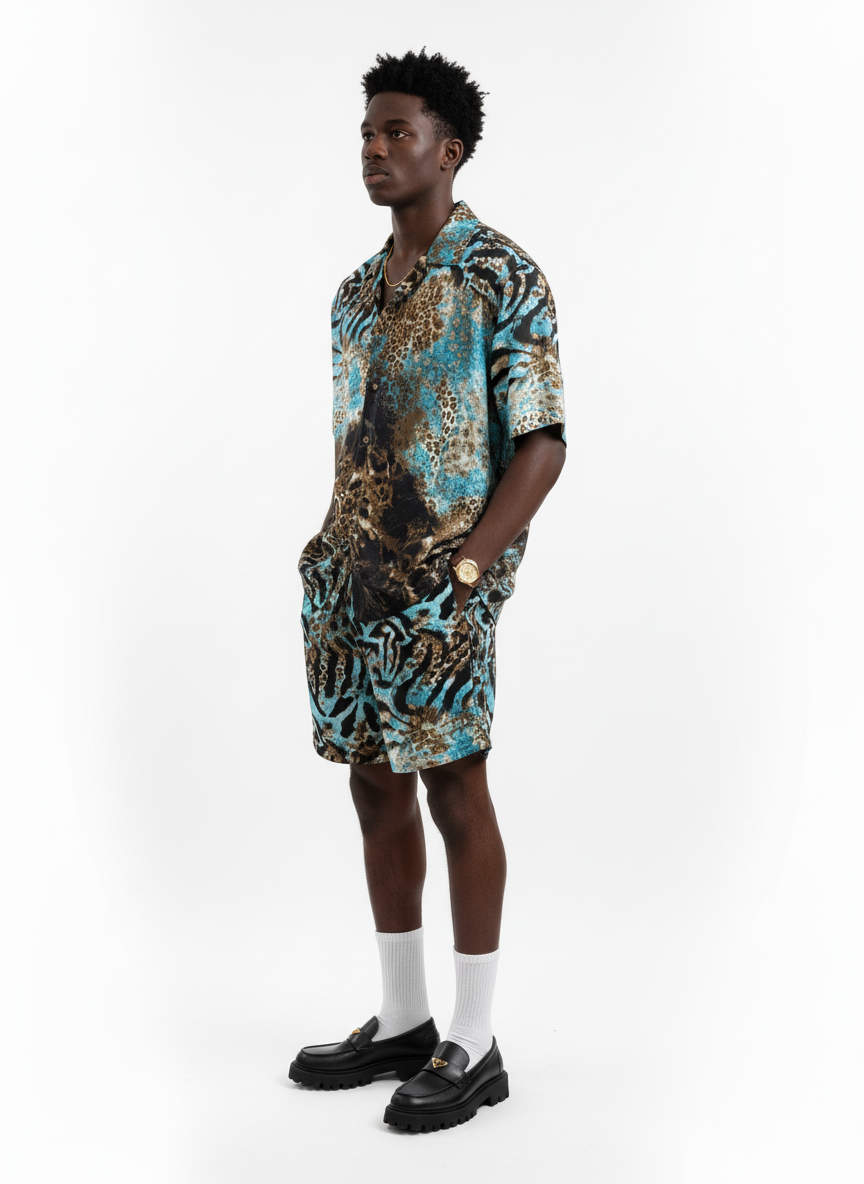 Ice Blue Tiger Print Silk Relaxed Shorts