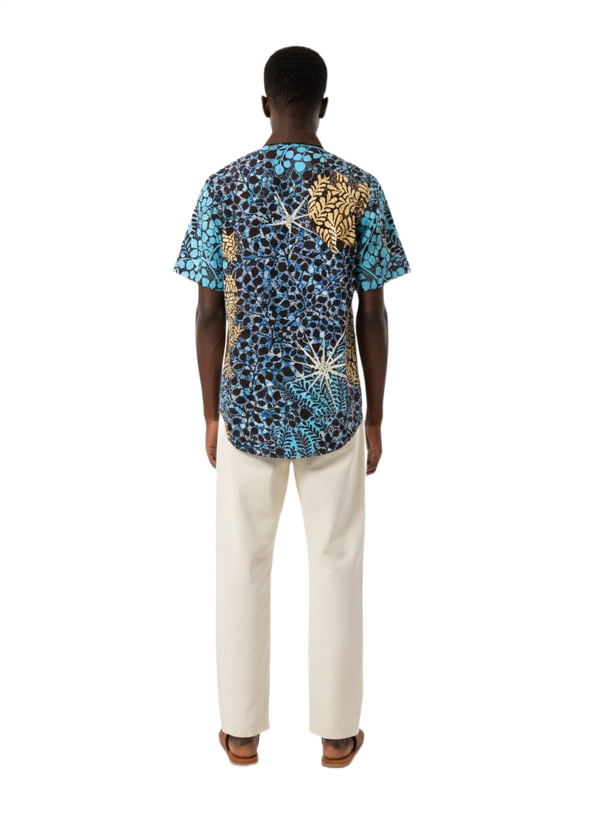 Botanical Wildroot Earth Brown Lined & Aqua Blue Ankara Print Short Sleeve Shirt