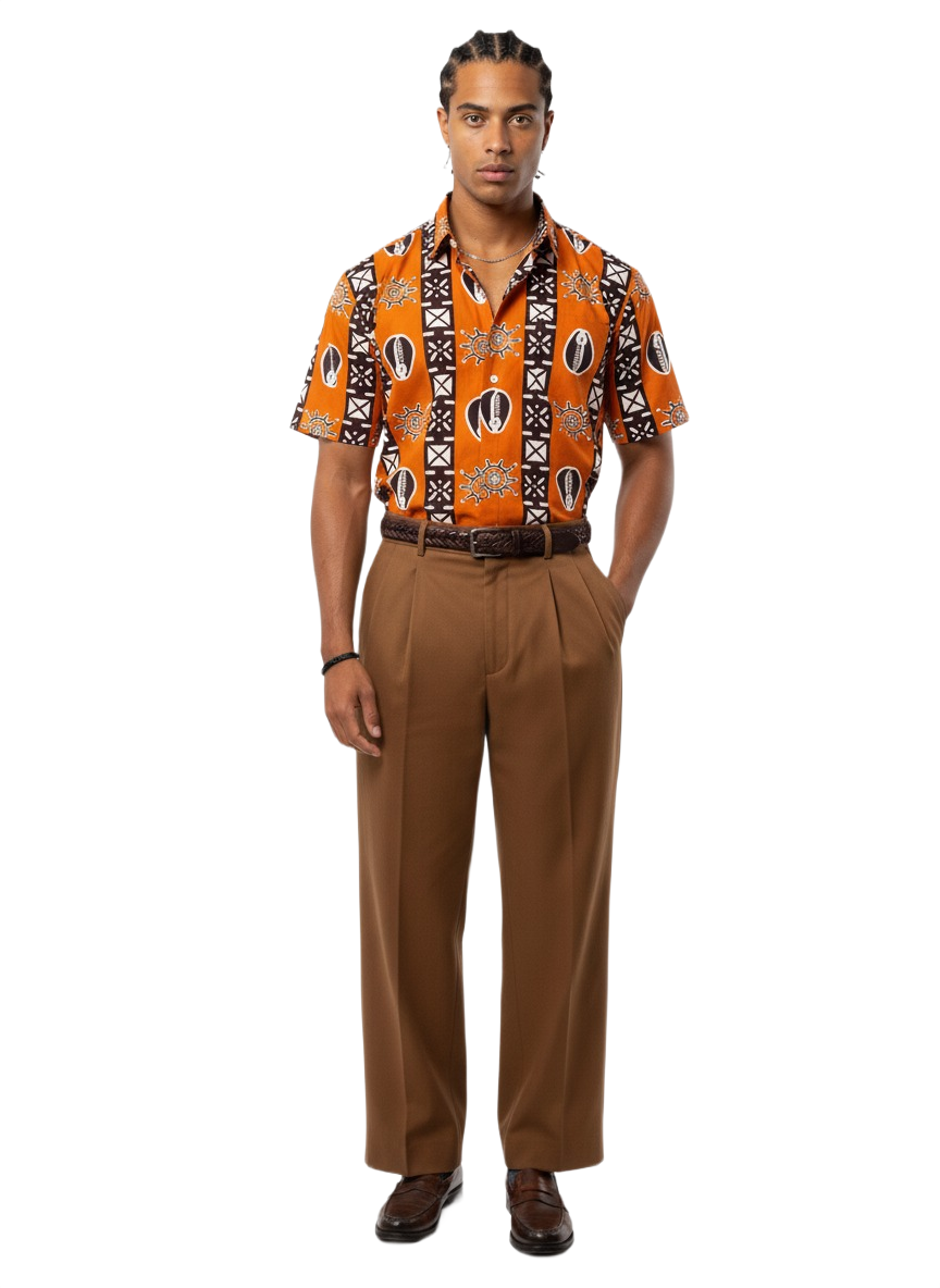 Cocoa Earth Brown & Burnt Orange Symmetrical Print Short Sleeve Shirt