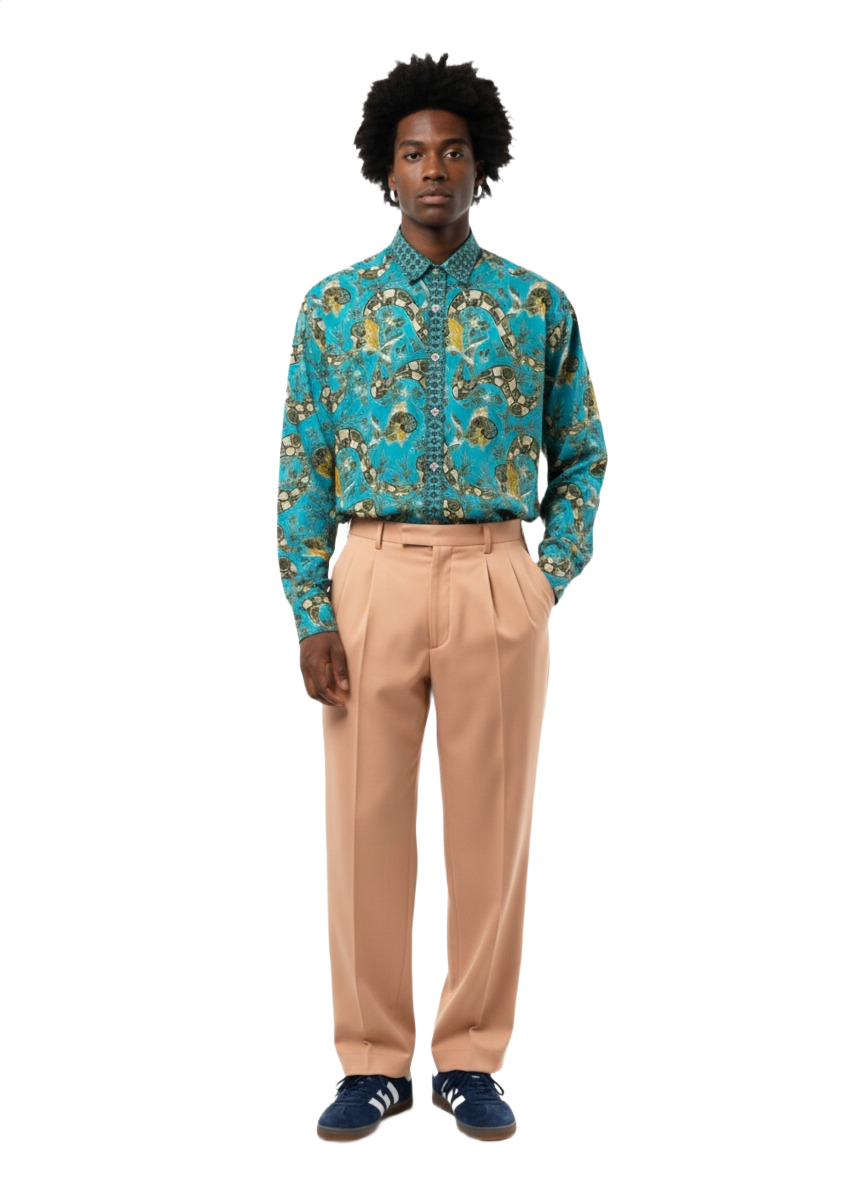 Mint Green & Blossom Pink Snake & Goldfish Design Ankara Long Sleeved Shirt