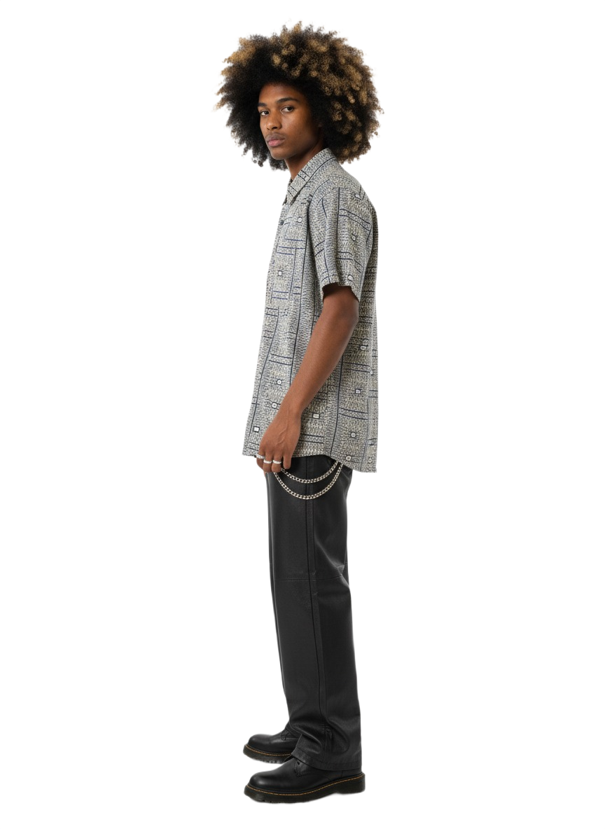 Stone Grey & Navy Geometric Ankara Print Short Sleeve Shirt