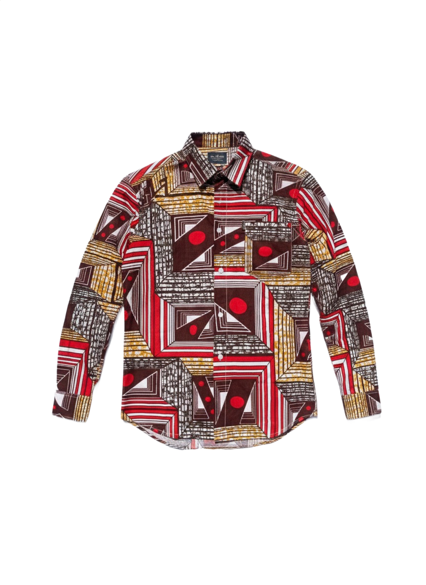 Geometric Patchwork Red, Maroon & Marigold Long Sleeved Shirt