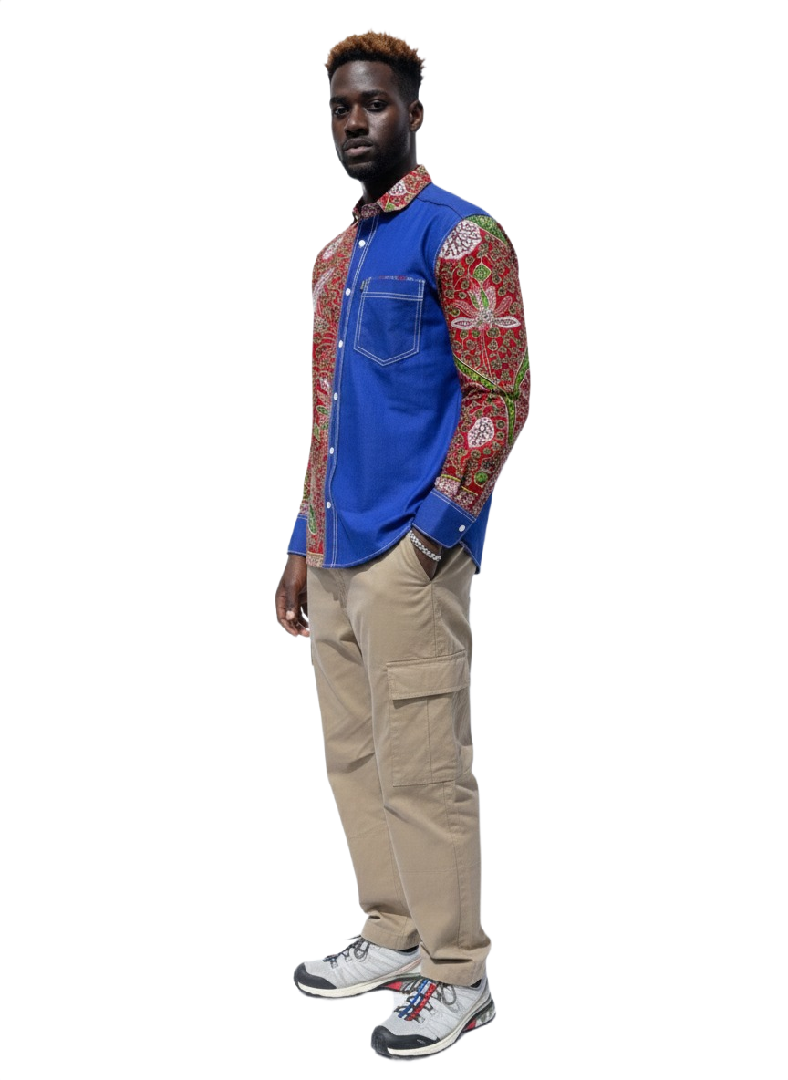Contrasting Botanical Red and Deep Blue Shirt