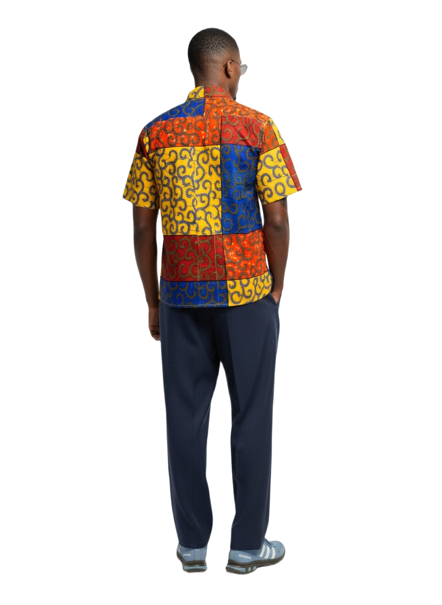 Multi Patchwork Blue, Red, Yellow & Burgundy Ankara Print Shirt