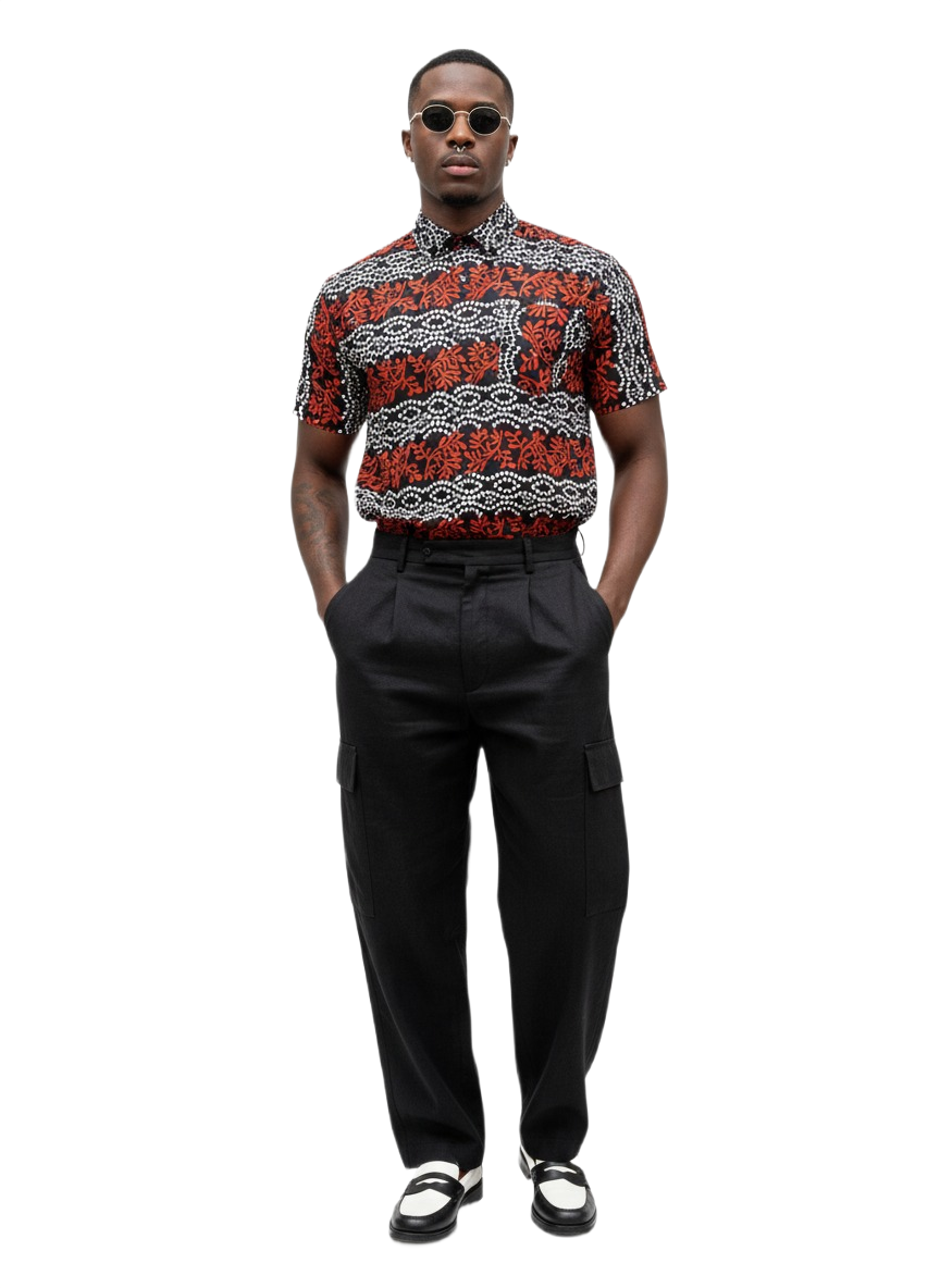 Asase Black & Spotted Red Botanical Short Sleeve Shirt