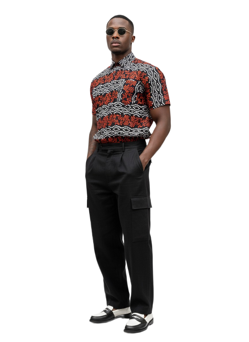 Asase Black & Spotted Red Botanical Short Sleeve Shirt