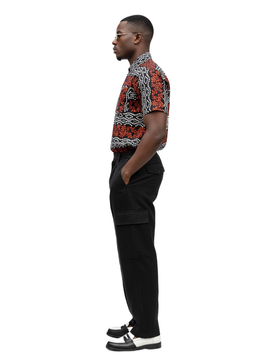 Asase Black & Spotted Red Botanical Short Sleeve Shirt