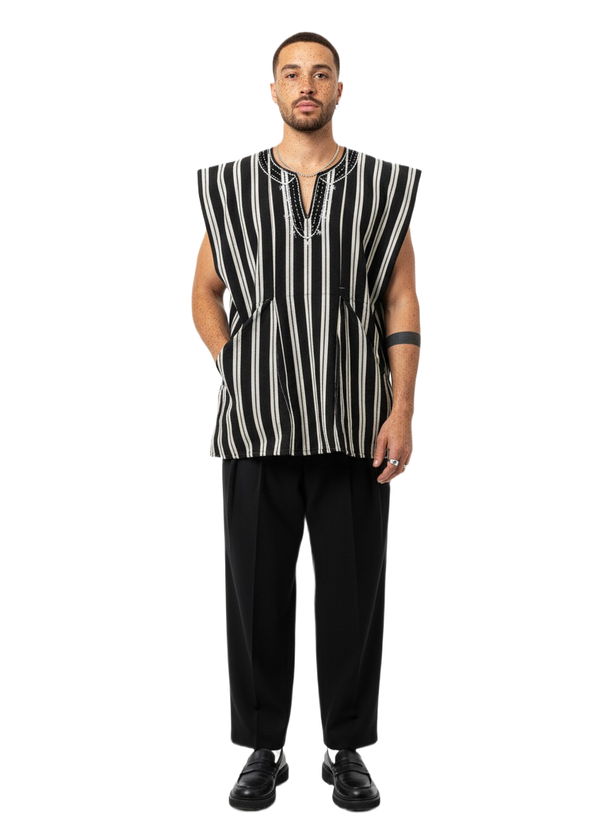 Black & Sand Brown Handwoven Fugu Batakari Smock