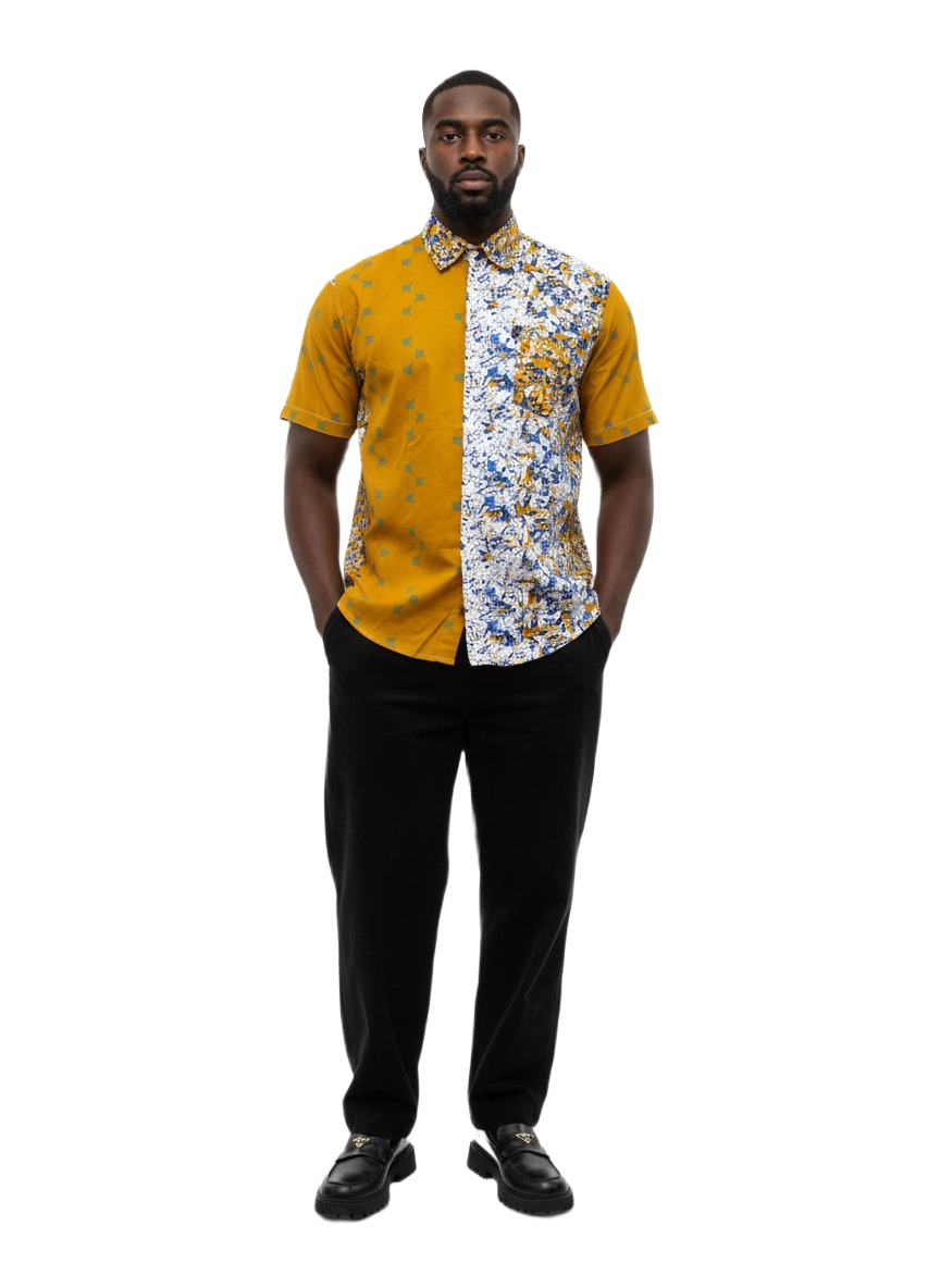 Floral Pattern & Mustard Ankara Combination Collar Shirt