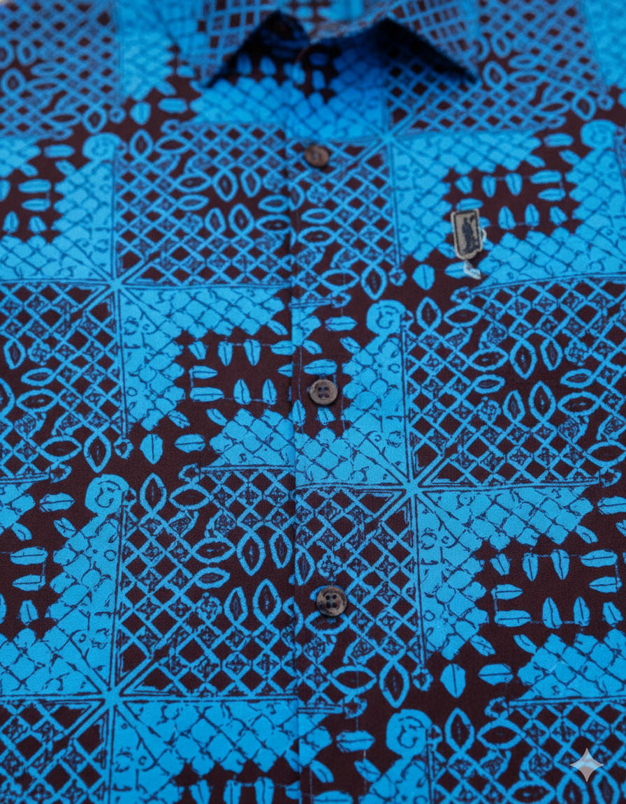 Sankofa Blue & Burgundy Ankara Wax Print Short Sleeve Shirt