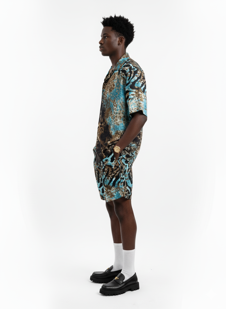 Ice Blue Tiger Print Silk Relaxed Shorts