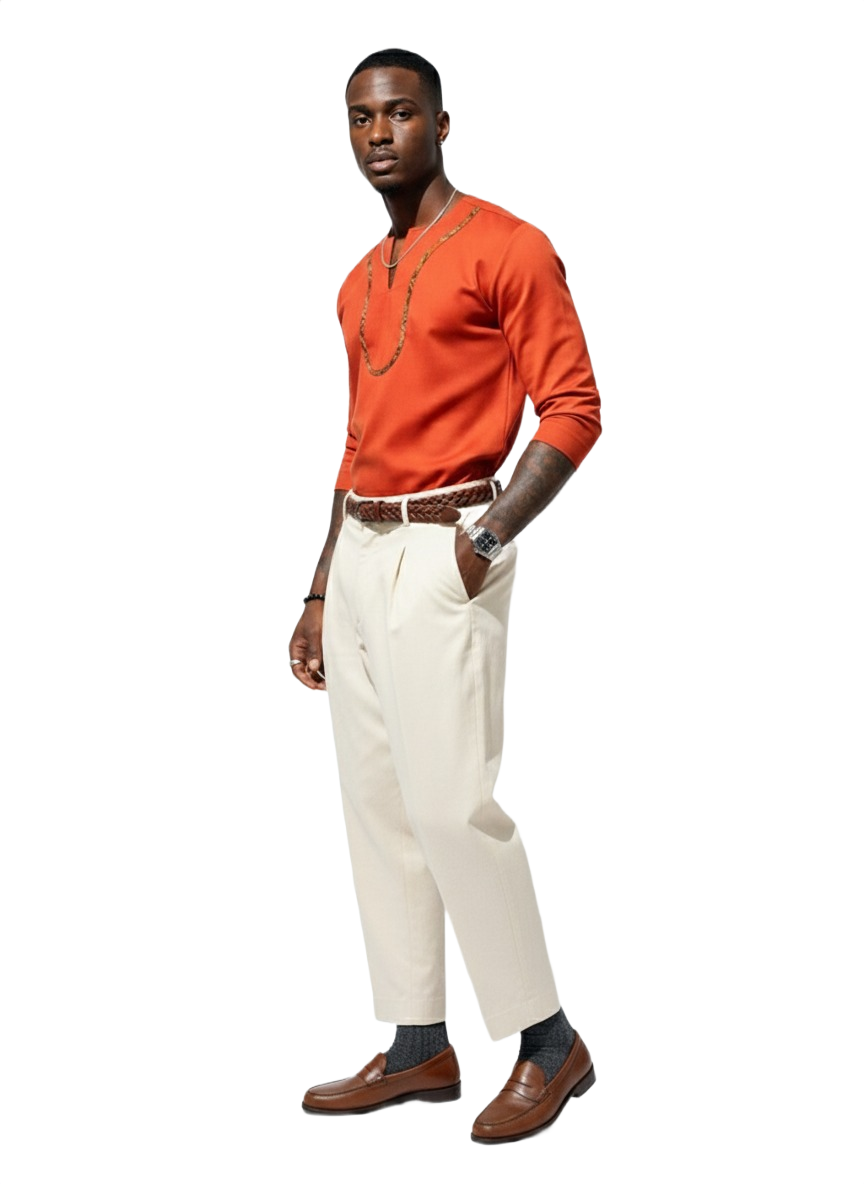 Haut rouge riche à manches longues et col fendu en V avec détail sur le devant