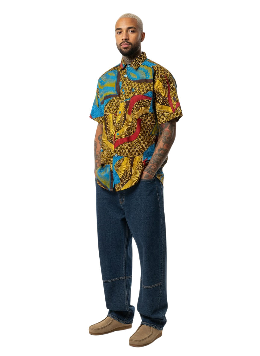 Gold & Sankofa Blue Leaf Patchwork Design Wax Ankara Short Sleeve Shirt