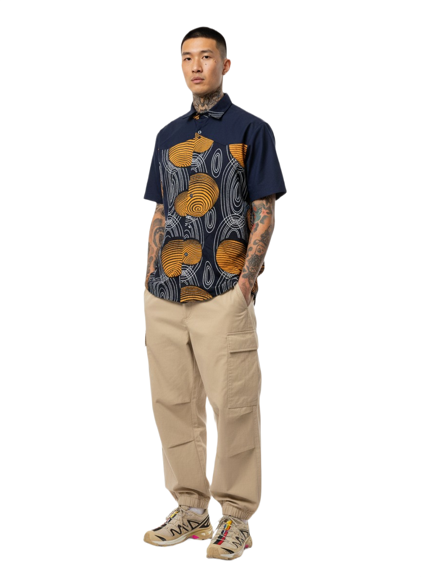 Combination Mars Orange, Navy & White Sphere Design Ankara Short Shirt