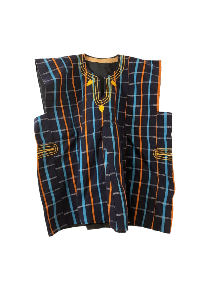 Blouse tissée à la main unisexe - rayures bleues, rouges et ivoire #SMK707