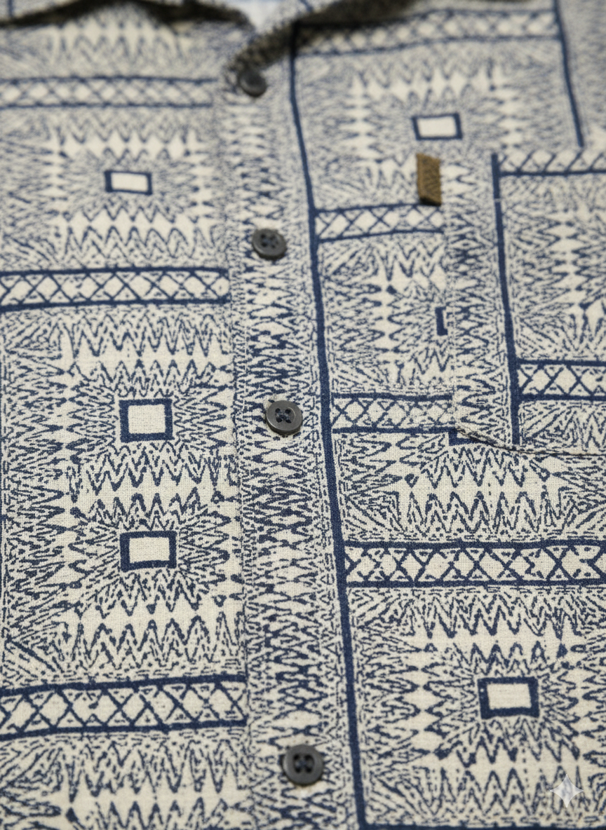 Stone Grey & Navy Geometric Ankara Print Short Sleeve Shirt