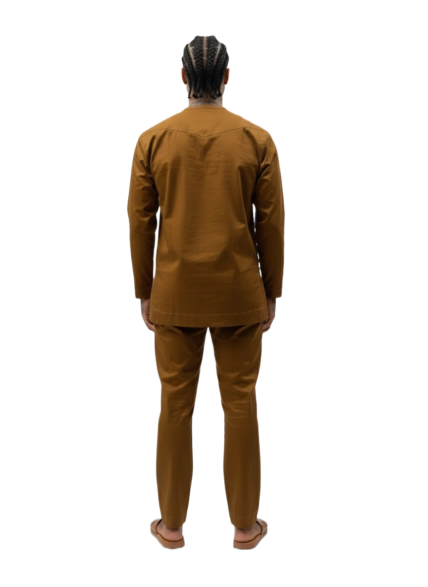 Caramel Osahene Regency Ankara Long-Sleeved Button Crew Neck Top