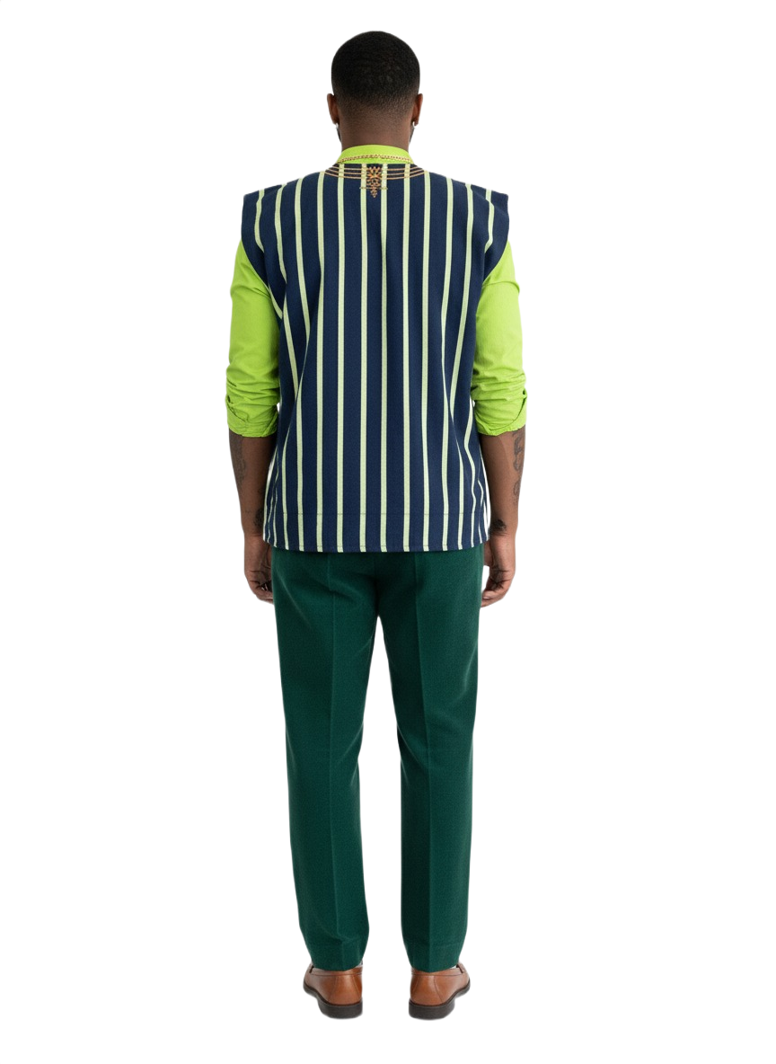 Lime Green & Navy Stripe Handwoven Batakari Fugu