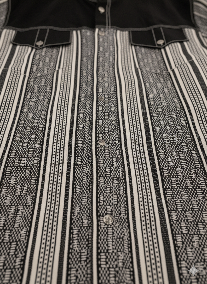 Chemise à manches longues Ankara tribal noir et blanc avec col et poignets arrondis