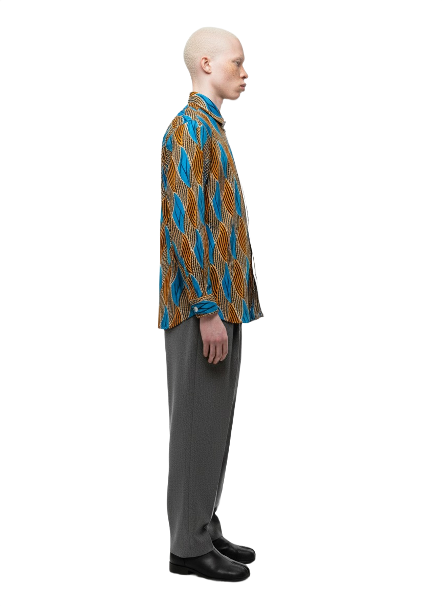 Waves Pattern White Panels, Honeycomb & Teal Ankara Long Sleeved Shirt
