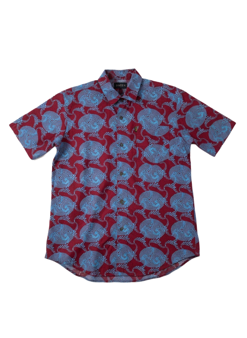 Circled Burgundy & Akoma Blue Ankara Print Short Sleeve Shirt