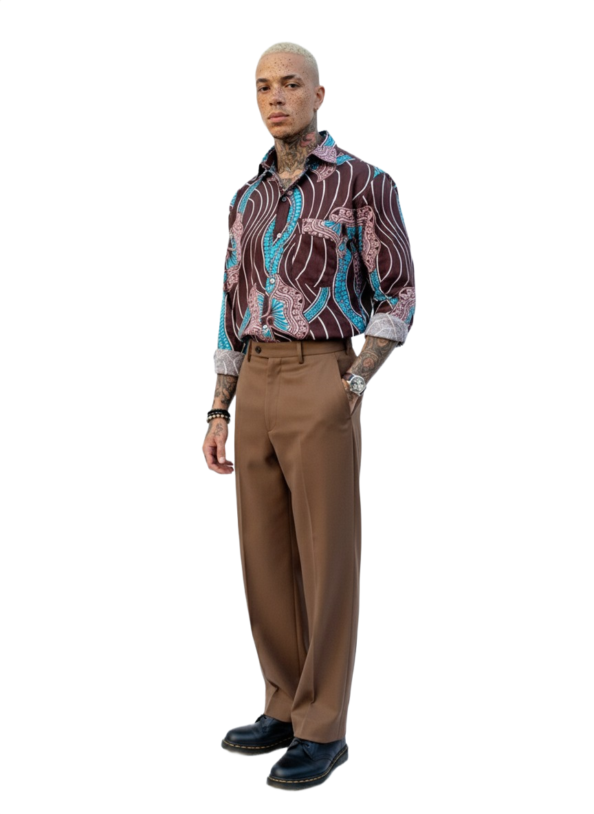 Asante Chocolate, Flamingo & Blue Ankara Long Sleeve Shirt