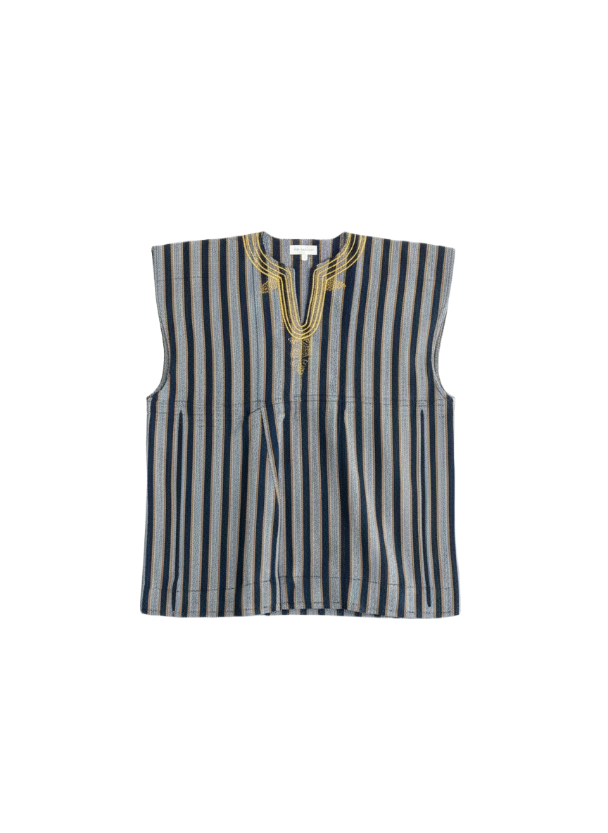 Navy, Grey & Yellow Stripe Handwoven  Batakari Fugu Smock