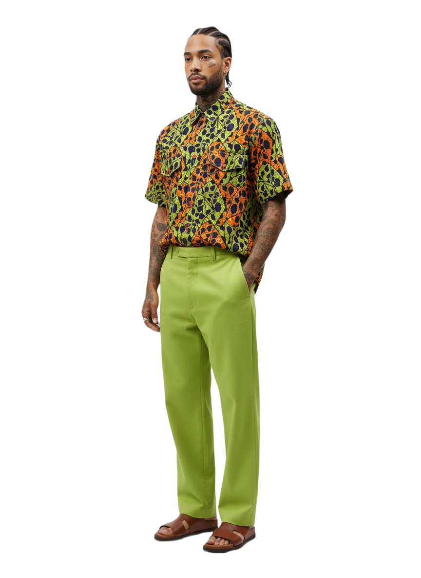 Speckled Lime Green, Black & Orange Ankara Short Sleeve Shirt