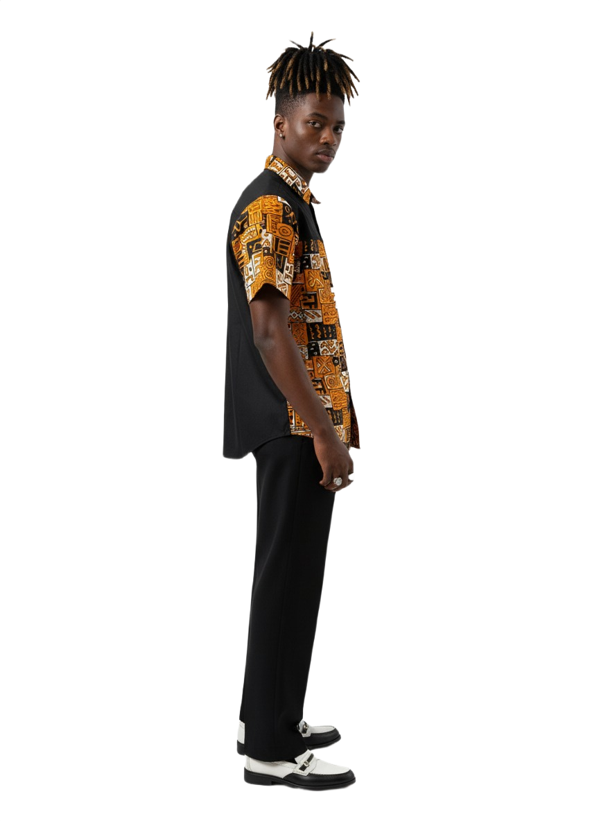 Combination Burnt Orange & Black Stripe Ankara Short Sleeve Shirt