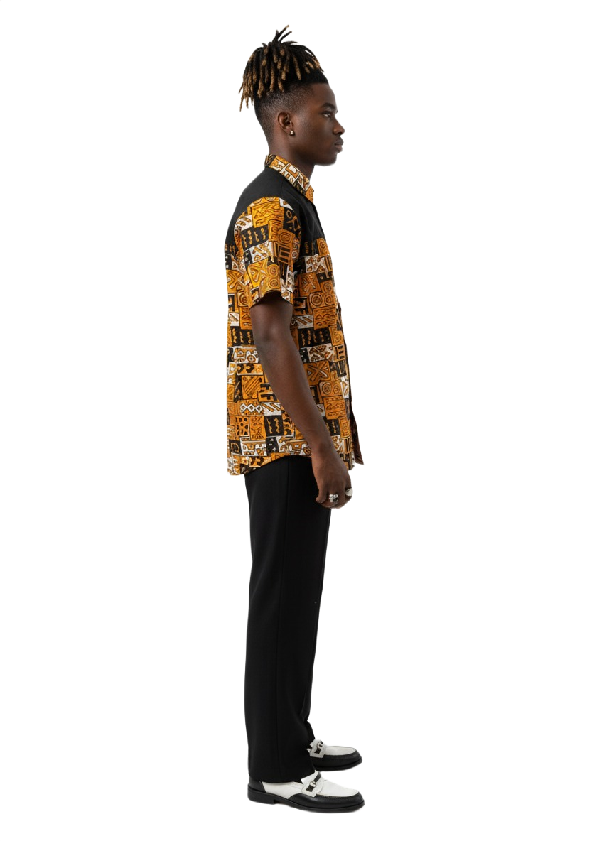 Combination Burnt Orange & Black Stripe Ankara Short Sleeve Shirt