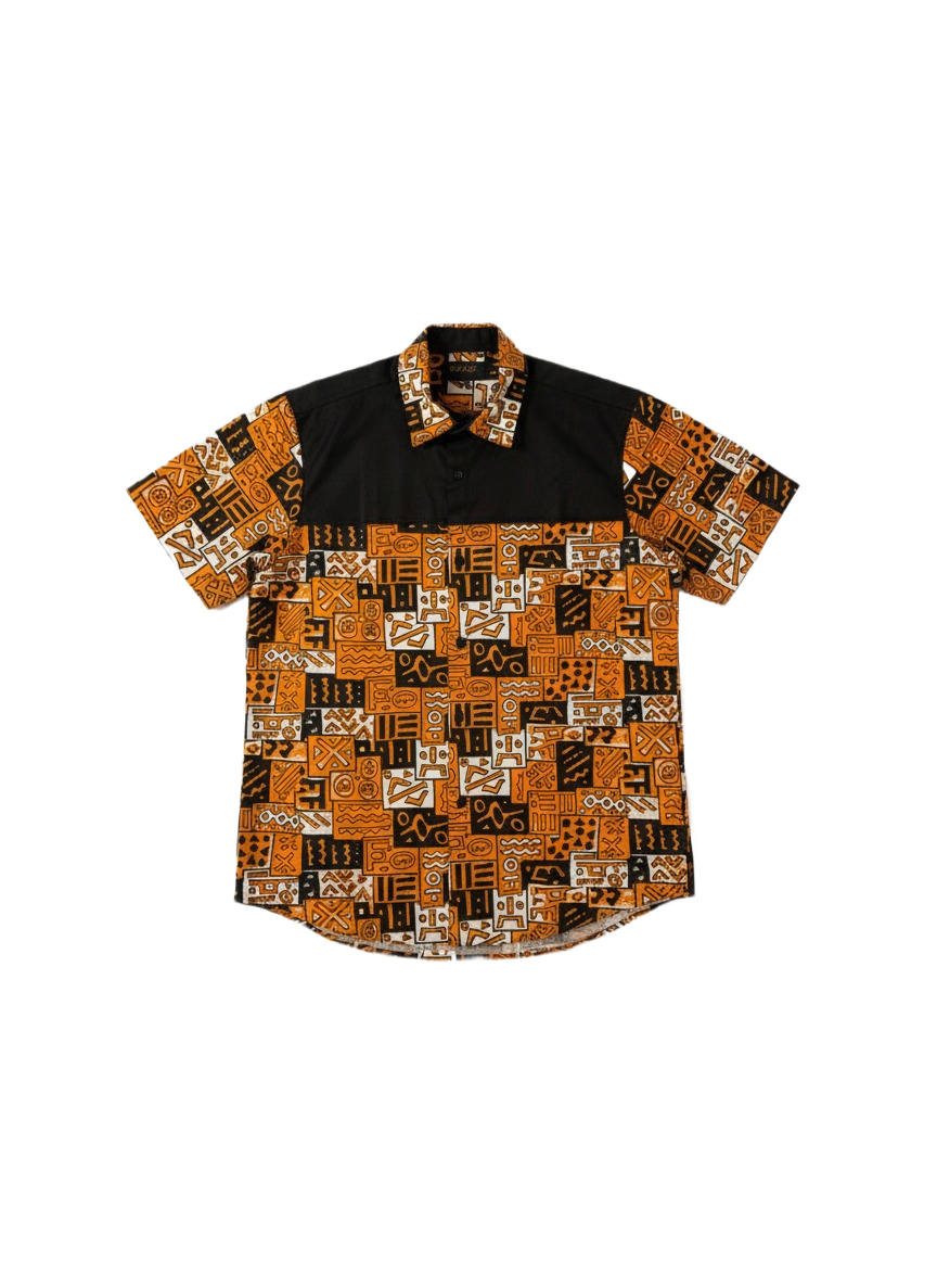 Combination Burnt Orange & Black Stripe Ankara Short Sleeve Shirt
