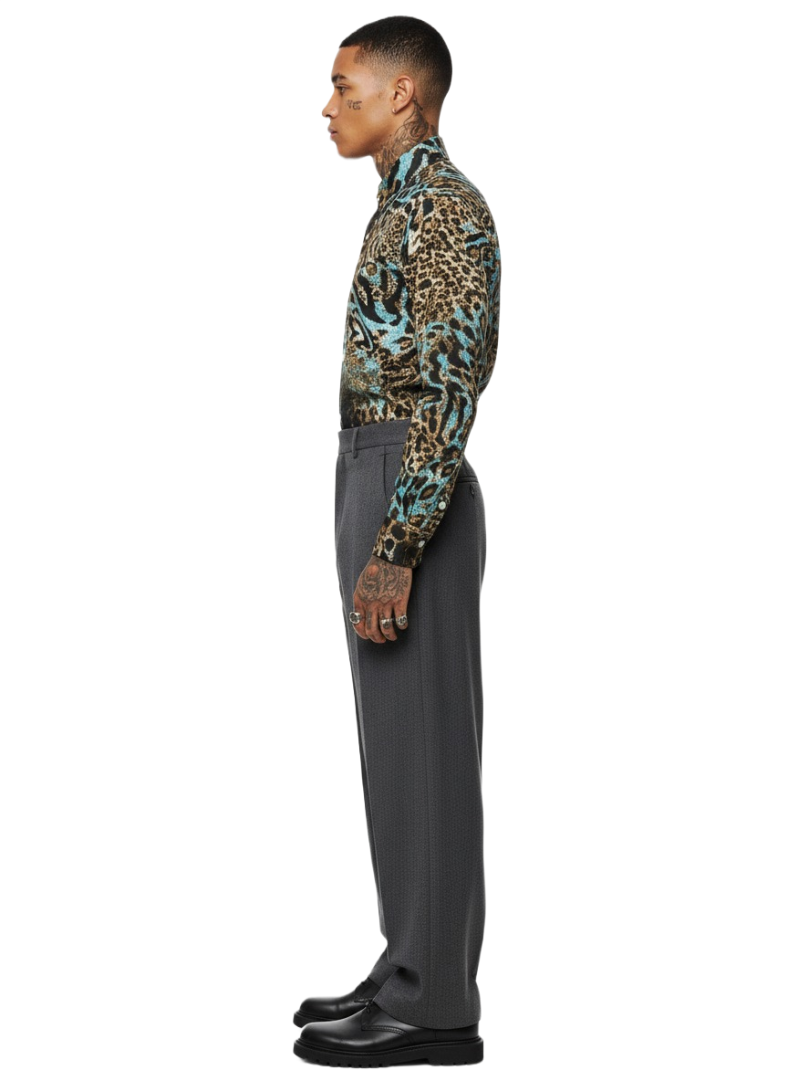 Ice Blue Tiger Emerald Blue Silk Long Sleeve Smart Shirt