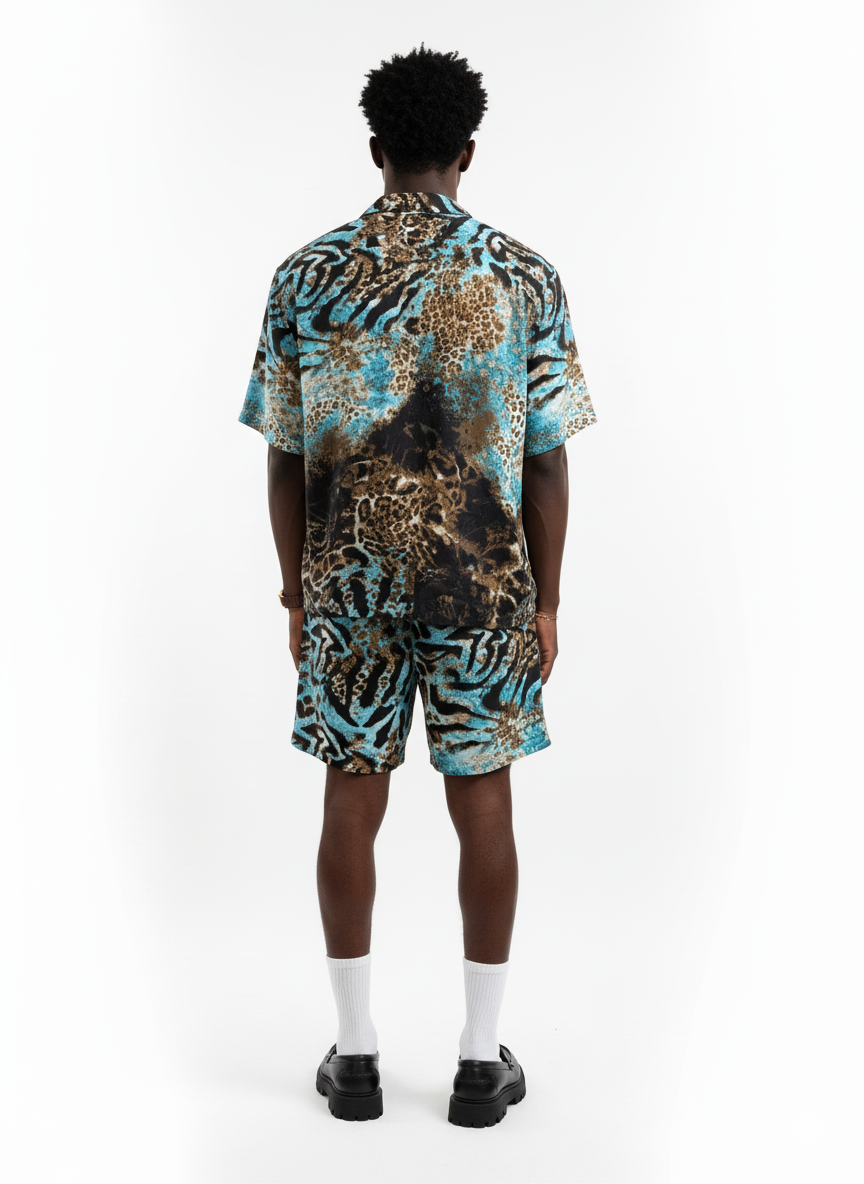 Ice Blue Tiger Print Silk Relaxed Shorts