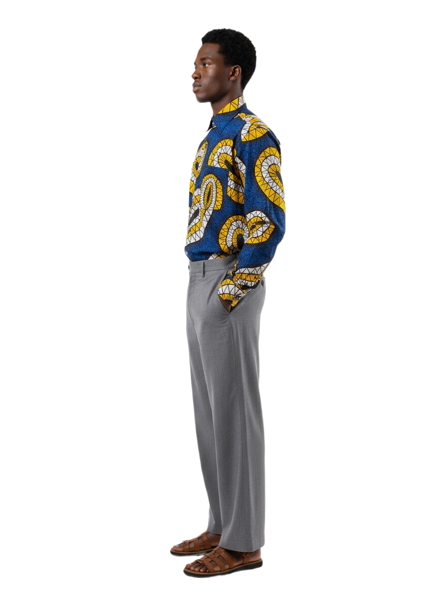 Geometric Disc Blue & Yellow Ankara Long Sleeved Shirt & Square Button