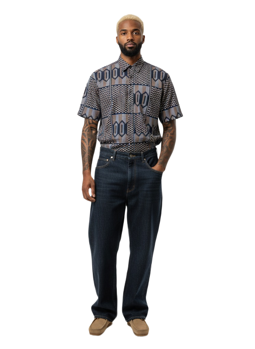 Pilled Navy, Ivory & Peach Ankara Print Short Sleeve Shirt