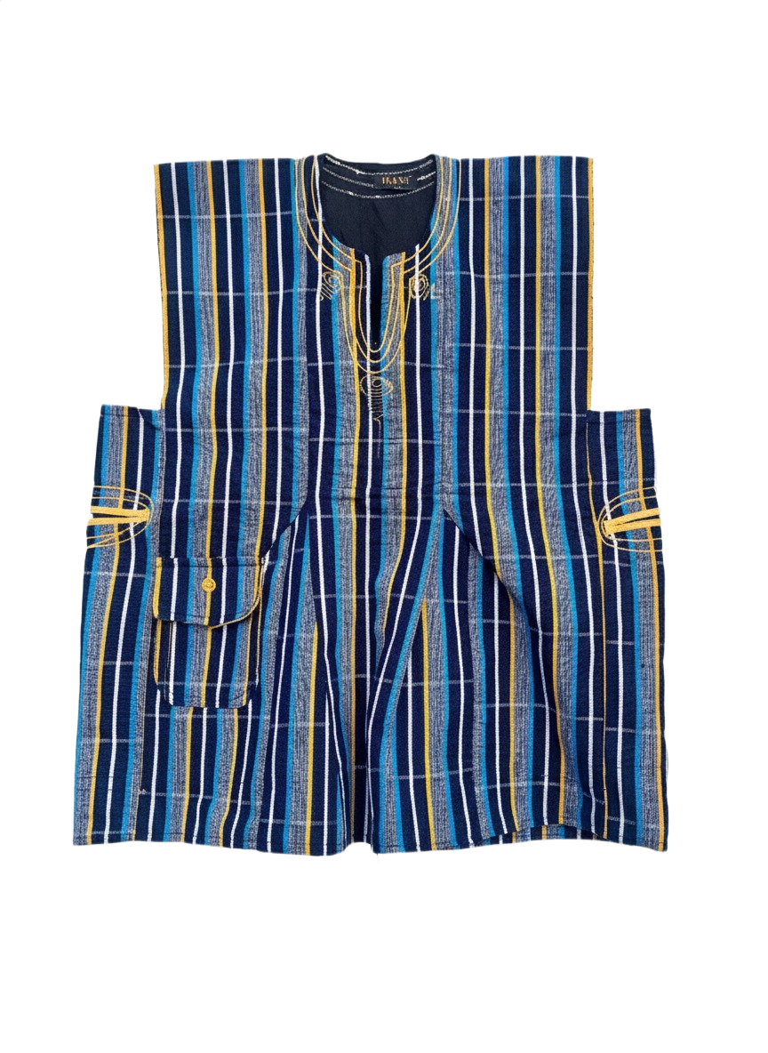 Denim Blue, Navy & Gold Striped Handwoven Batakari Fugu Smock