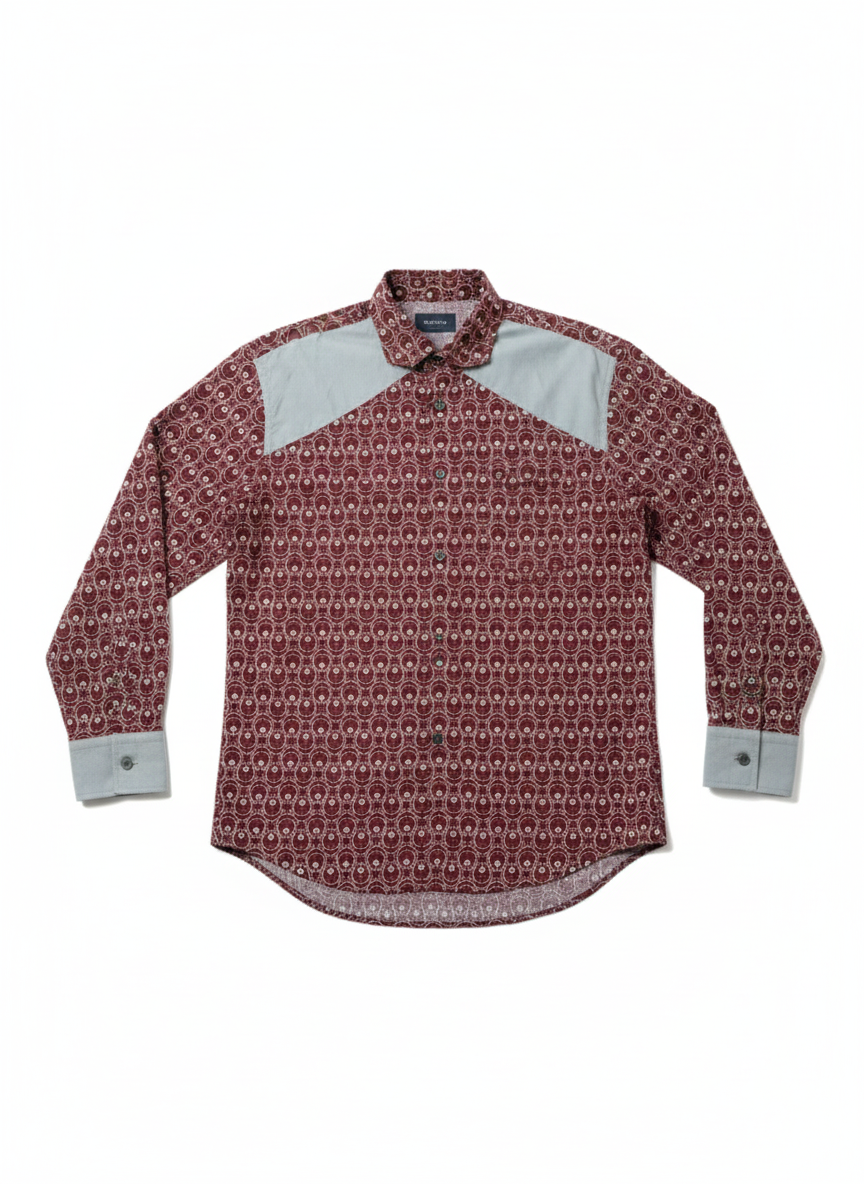 Pale Grey Panel & Burgundy Dotted Print Long Sleeved Shirt
