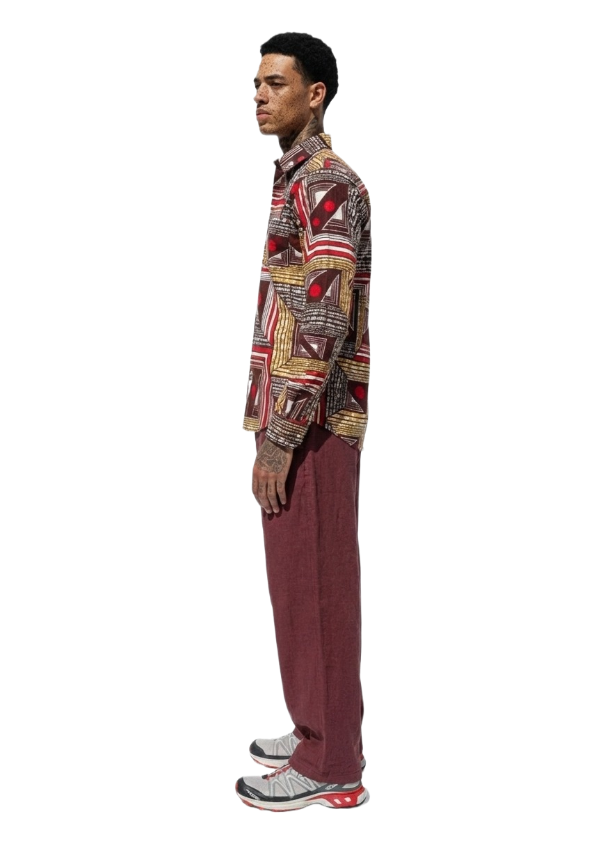 Geometric Patchwork Red, Maroon & Marigold Long Sleeved Shirt