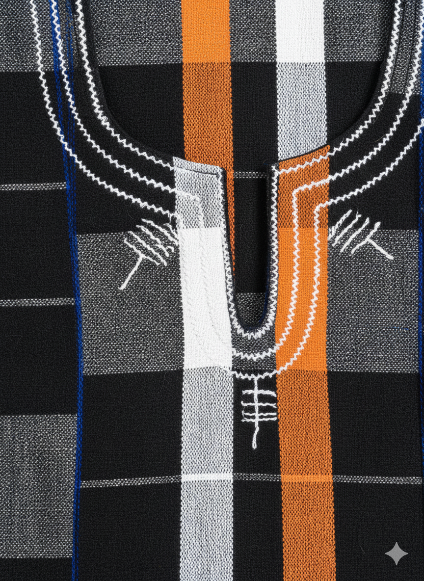 Handwoven Charcoal, White & Orange Striped Batakari Fugu