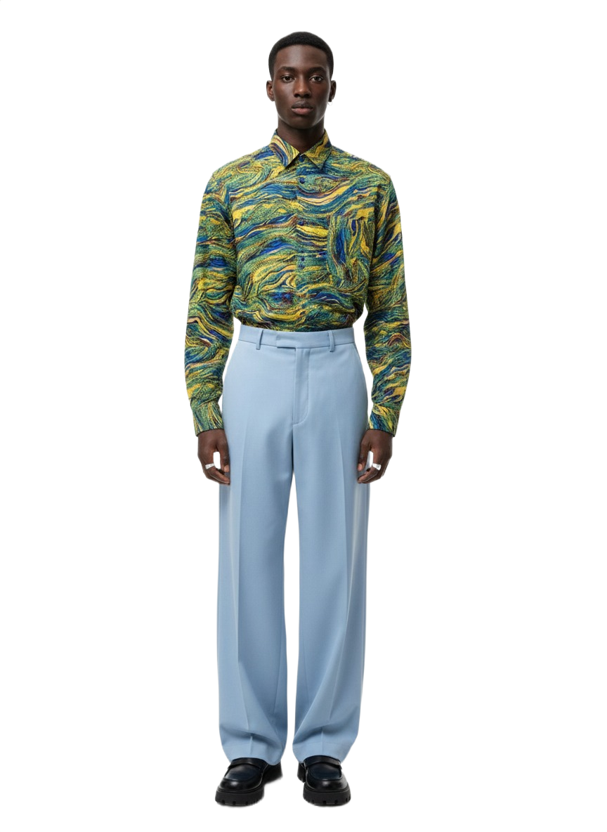 Whimsical Green Pastel Blue Buttoned Swirl Ankara Long Sleeved Shirt