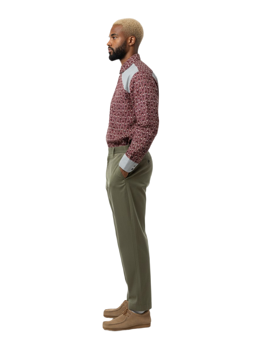 Pale Grey Panel & Burgundy Dotted Print Long Sleeved Shirt