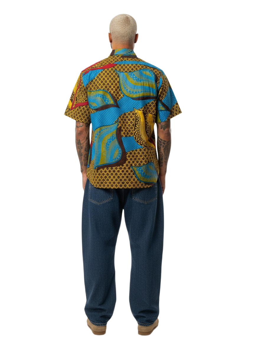 Gold & Sankofa Blue Leaf Patchwork Design Wax Ankara Short Sleeve Shirt