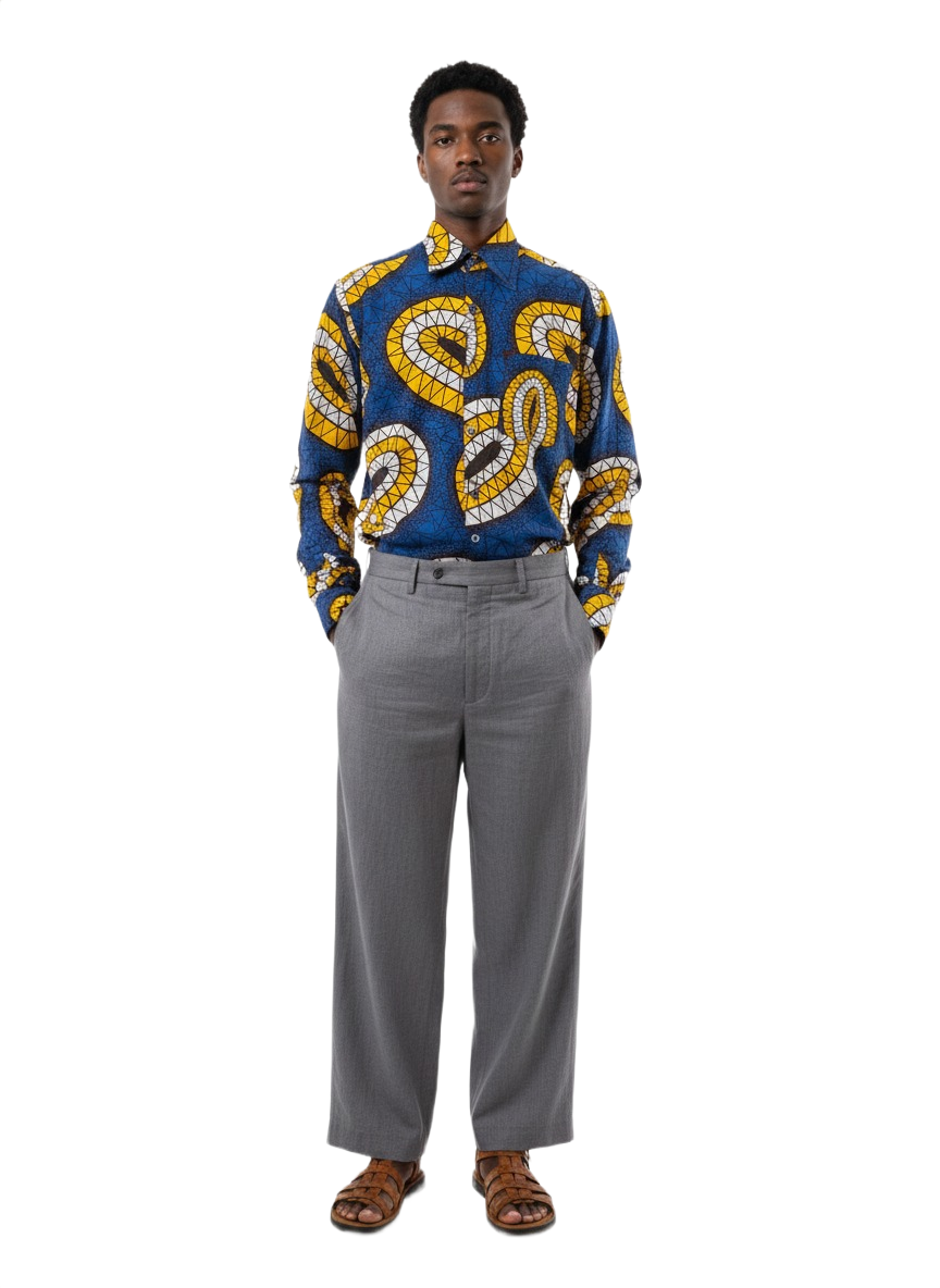 Geometric Disc Blue & Yellow Ankara Long Sleeved Shirt & Square Button
