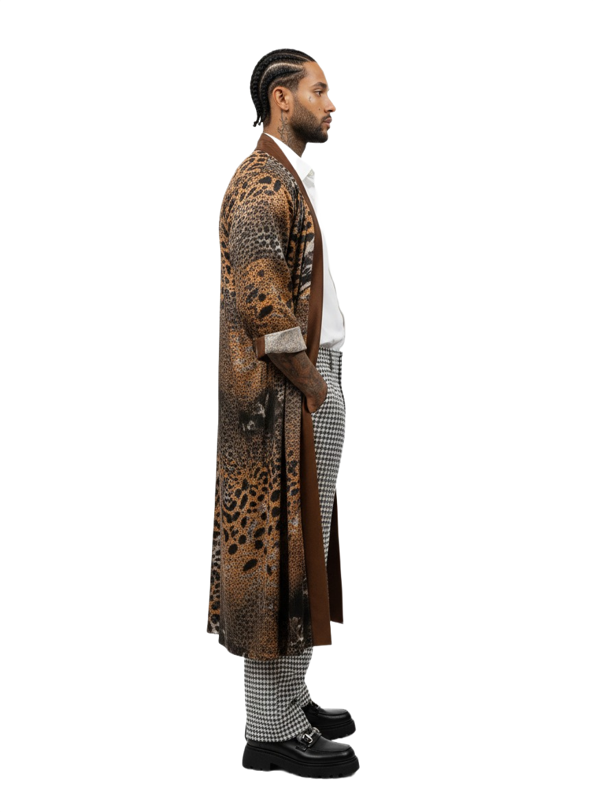 Fire Orange & Earth Brown Tiger Print Silk Overcoat Kimono Jacket